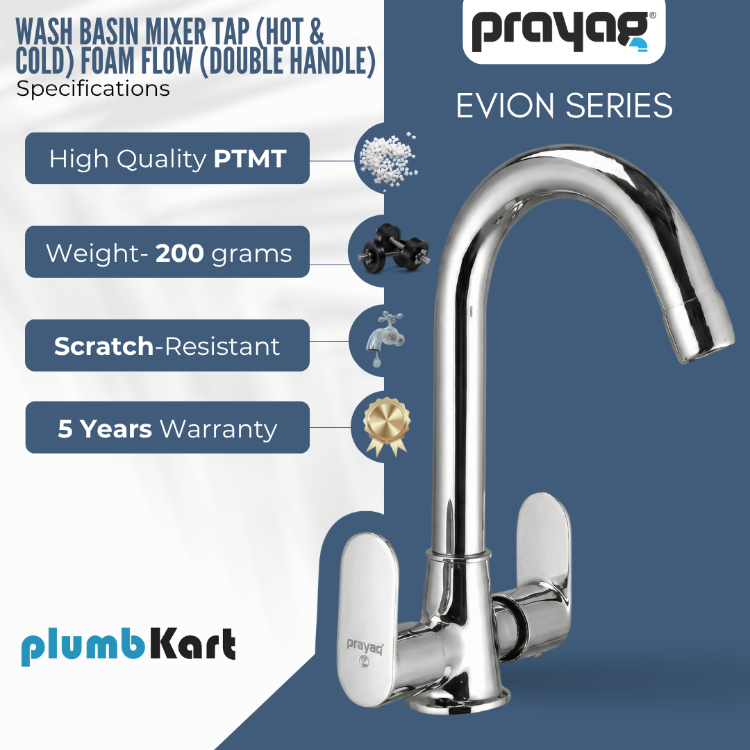 Wash Basin Mixer Tap (Hot & Cold) Foam Flow (Double Handle) Brass - By Prayag