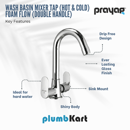 Wash Basin Mixer Tap (Hot & Cold) Foam Flow (Double Handle) Brass - By Prayag