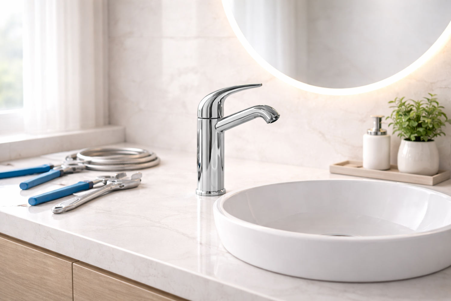 Modern bathroom sink with faucet and mirror, featuring tools on the countertop.