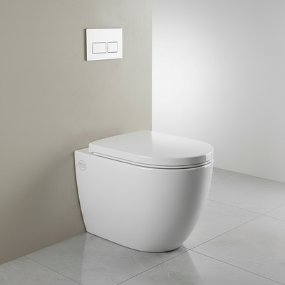 Modern white toilet with a closed lid in a bathroom setting.