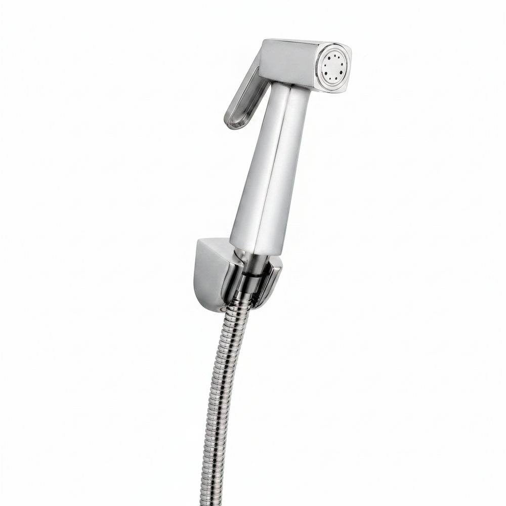 Chrome handheld shower head on a white background