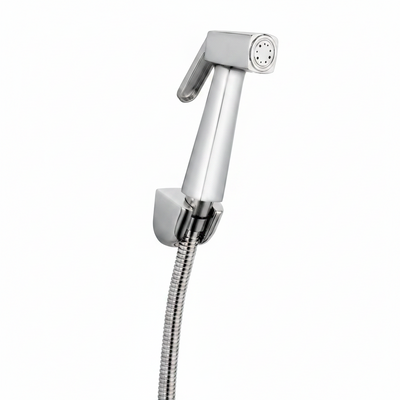 Chrome handheld shower head on a white background