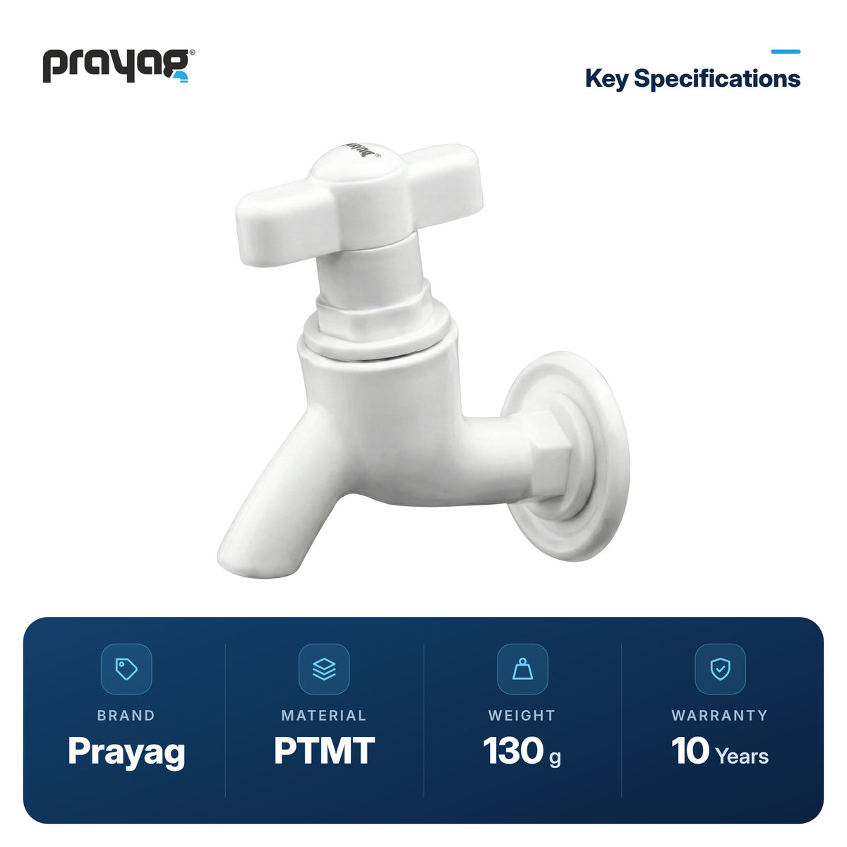 Bib Tap T-Handle - Prayag key specifications: PTMT, 130 g, 10-year warranty