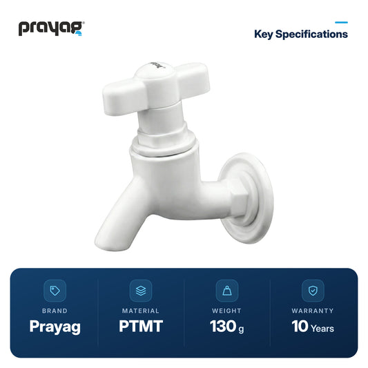 Bib Tap T-Handle - Prayag key specifications: PTMT, 130 g, 10-year warranty