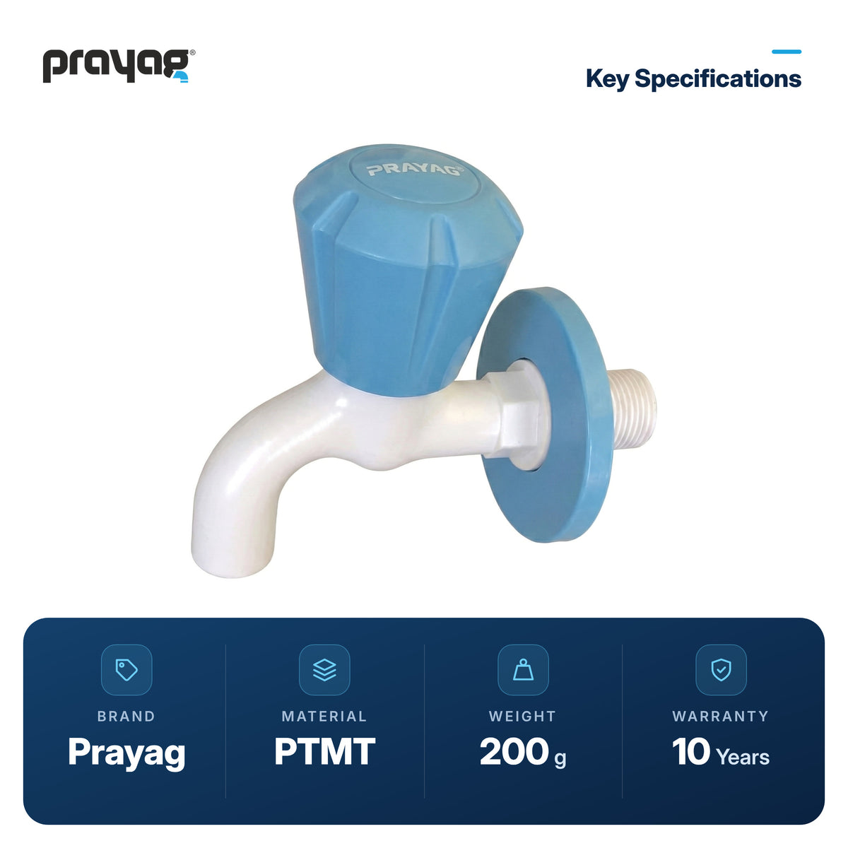 Bib Tap Blue Colour - Prayag key specifications: PTMT, 200 g, 10-year warranty