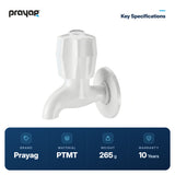 Bib Tap (Short Body) - Prayag key specifications: PTMT, 265 g, 10-year warranty