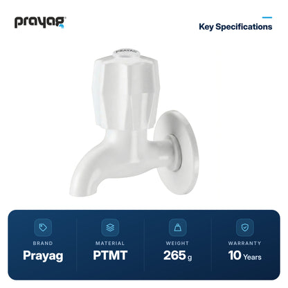 Bib Tap (Short Body) - Prayag key specifications: PTMT, 265 g, 10-year warranty