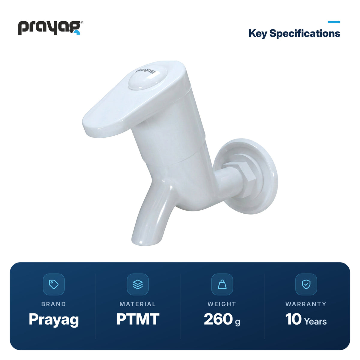 Bib Tap - Prayag key specifications: PTMT, 260 g, 10-year warranty