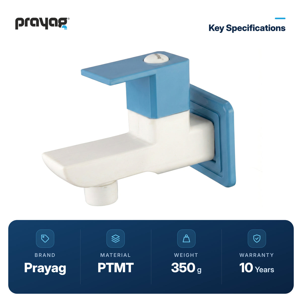 Bib Tap Foam Flow Blue Colour - Prayag key specifications: PTMT, 350 g, 10-year warranty