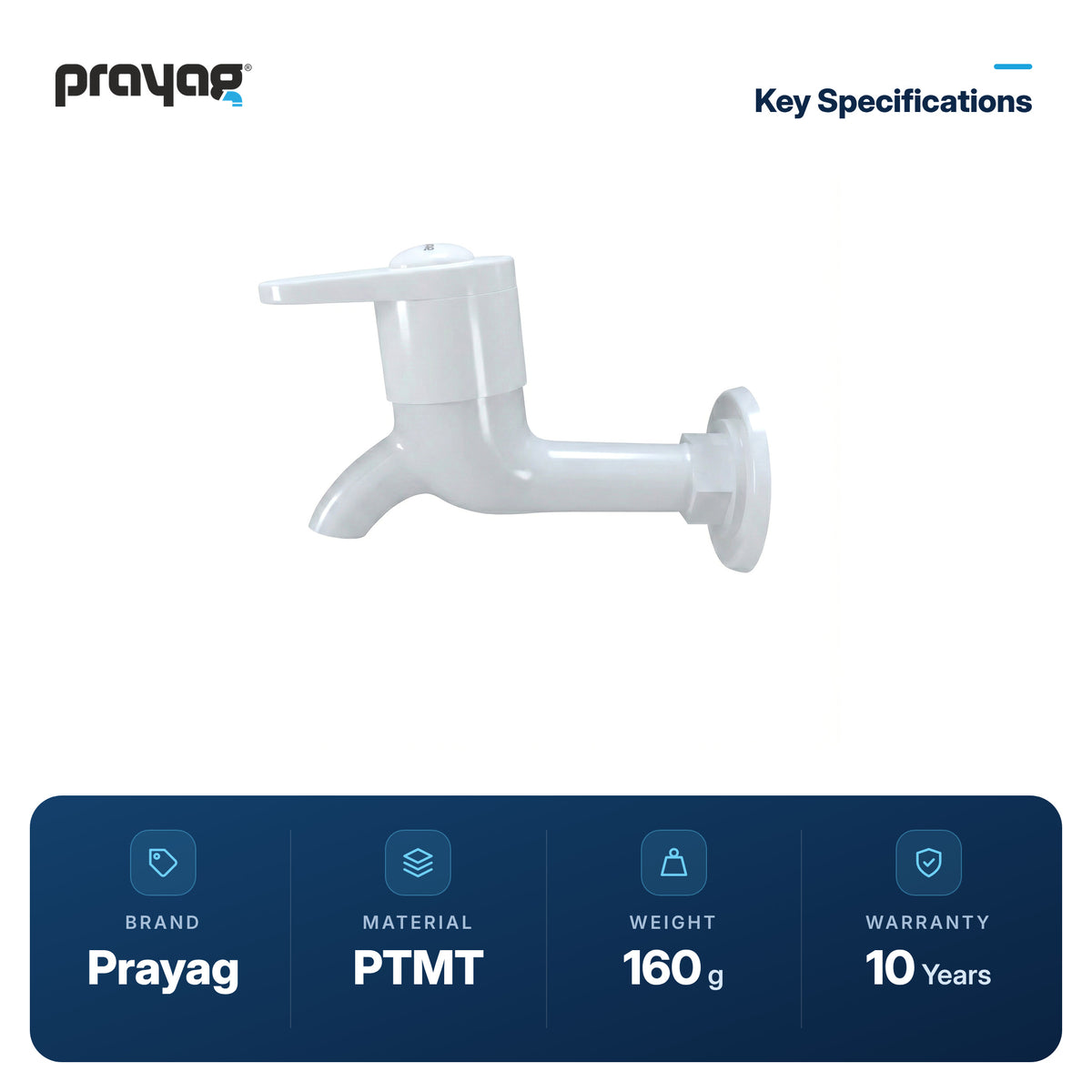 Long Body Bib Tap Foam Flow - Prayag key specifications: PTMT, 160 g, 10-year warranty