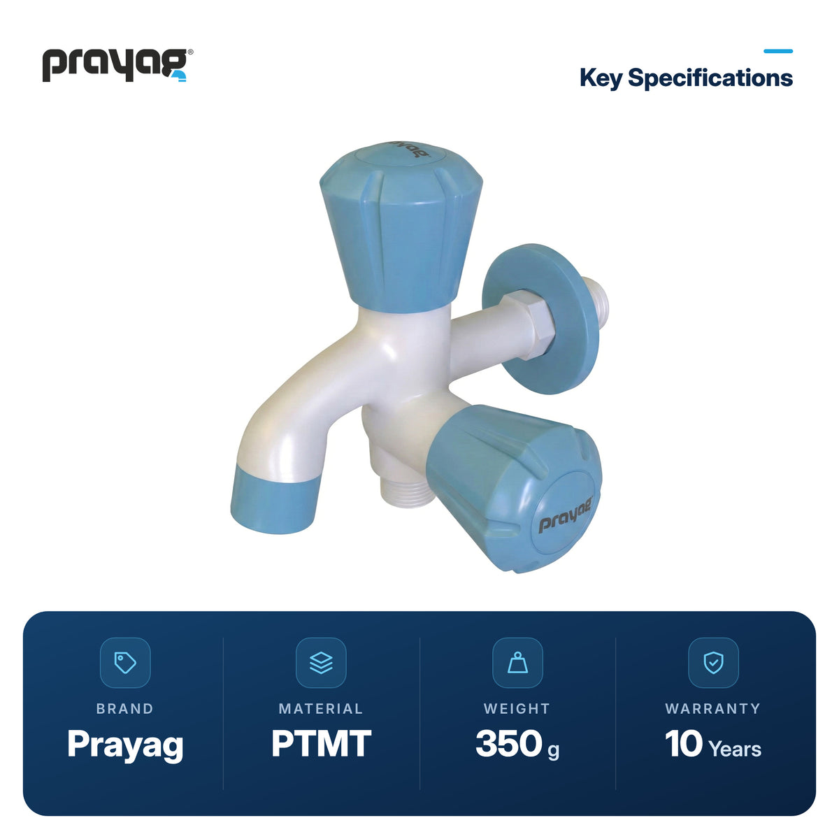 Two Way Bib Tap Foam Flow (Double Handle) Blue Colour - Prayag key specifications: PTMT, 350 g, 10-year warranty