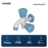 Two Way Bib Tap Foam Flow (Double Handle) Blue Colour - Prayag key specifications: PTMT, 350 g, 10-year warranty