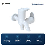 Two Way Bib Tap (Double Handle) - Prayag key specifications: PTMT, 290 g, 10-year warranty