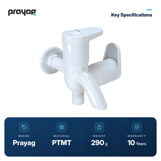 Two Way Bib Tap (Double Handle) - Prayag key specifications: PTMT, 290 g, 10-year warranty