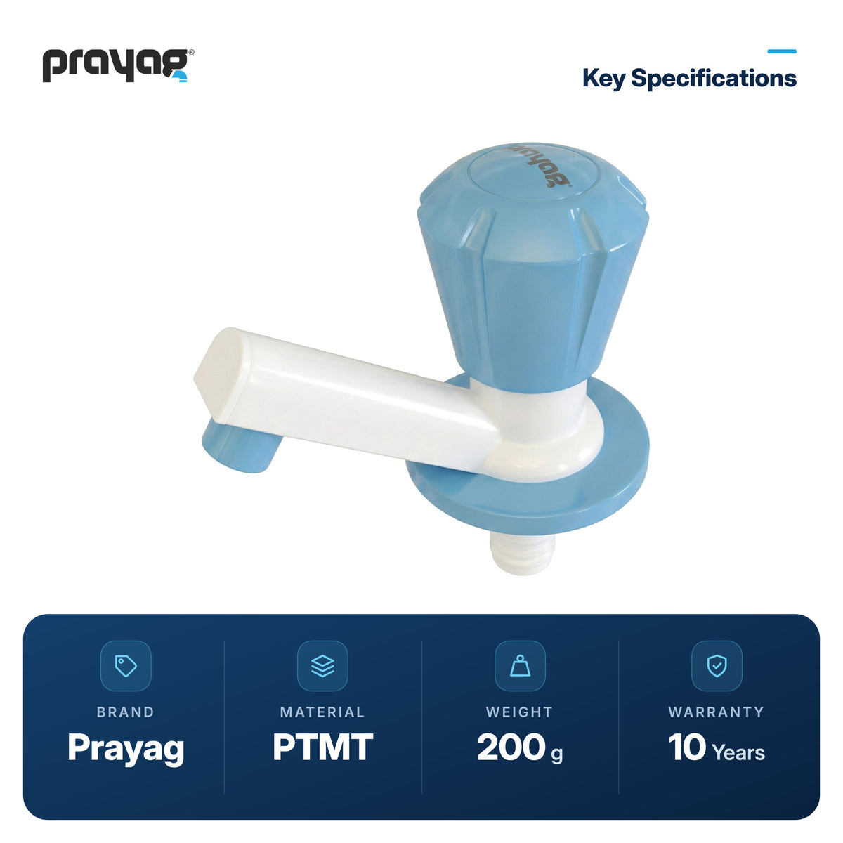 Wash Basin Pillar Tap Foam Flow Blue Colour - Prayag key specifications: PTMT, 200 g, 10-year warranty