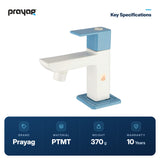 Wash Basin Pillar Tap Foam Flow Blue Colour - Prayag key specifications: PTMT, 370 g, 10-year warranty