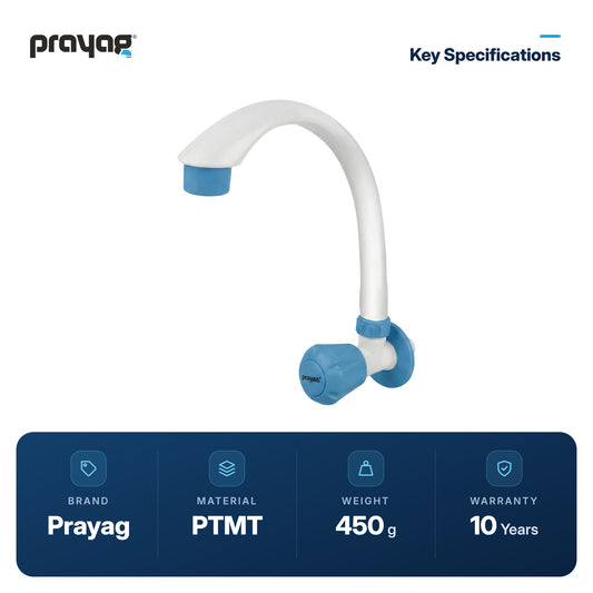 Sink Tap for Kitchen Wall Mount Foam Flow (Swing Tap) Blue Colour - Prayag key specifications: PTMT, 450 g, 10-year warranty
