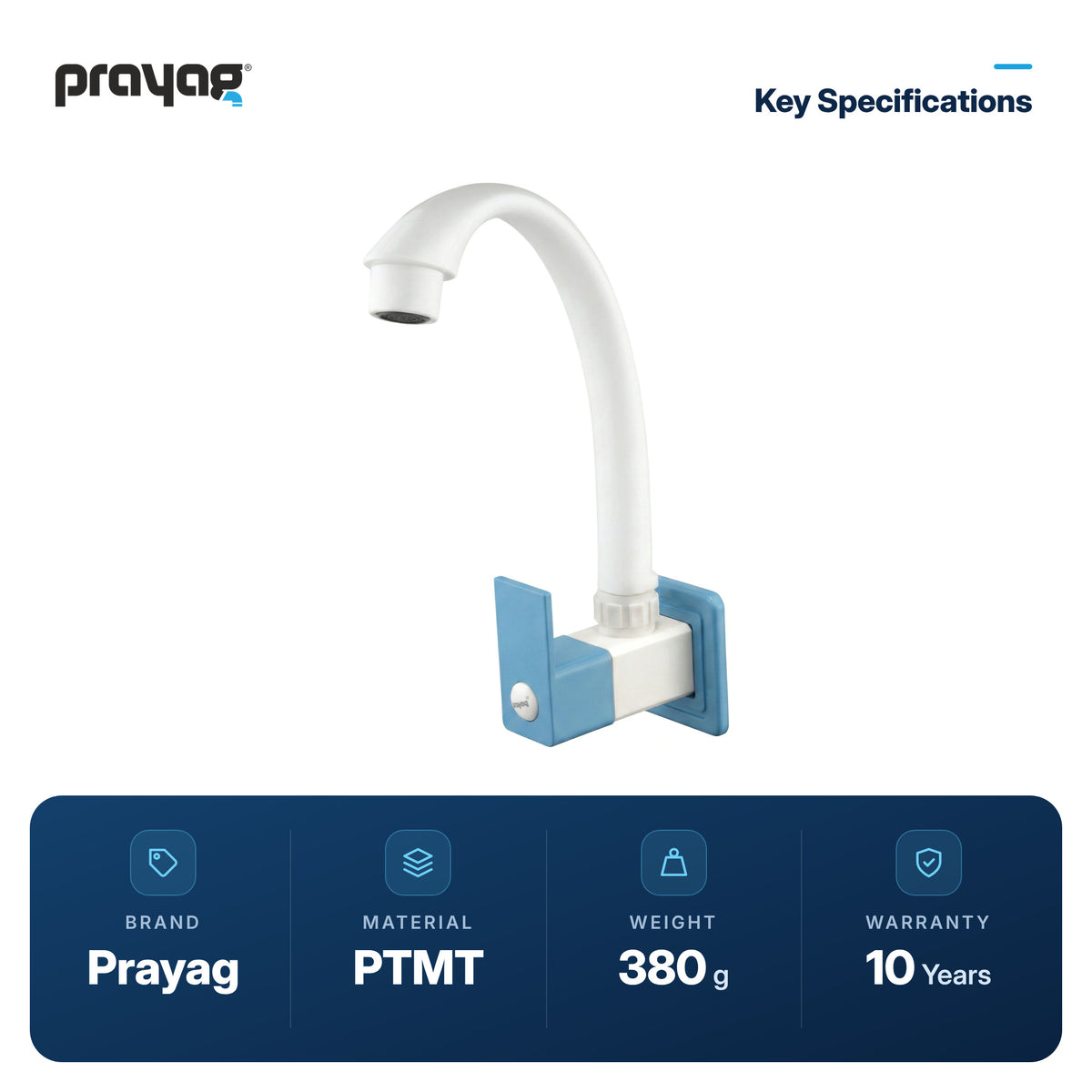 Sink Tap for Kitchen Wall Mount Foam Flow (Swing Tap) Blue Colour - Prayag key specifications: PTMT, 380 g, 10-year warranty