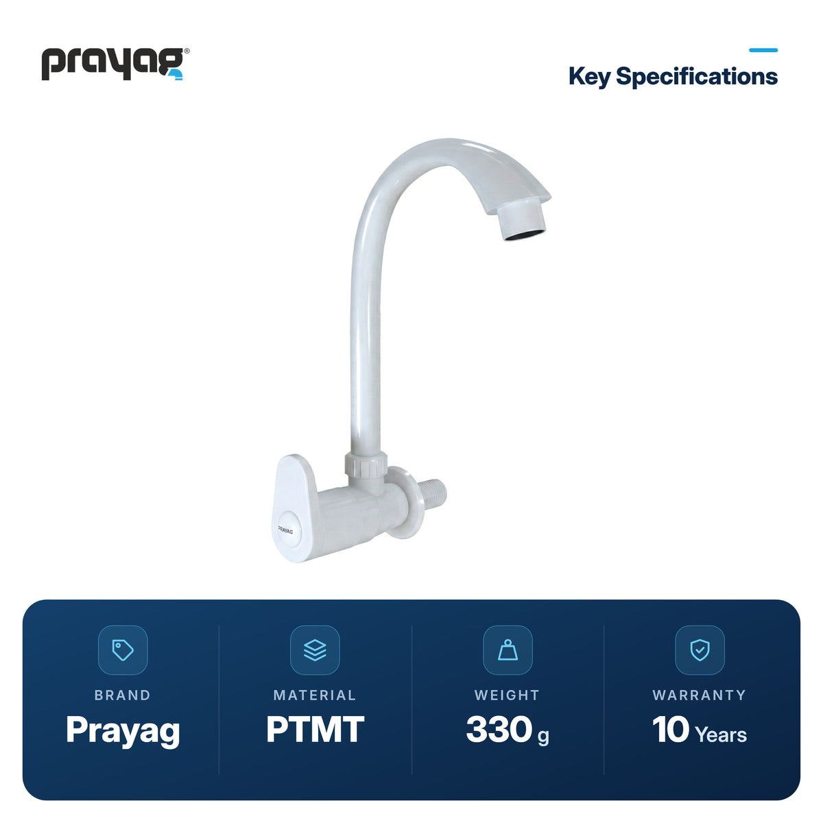 Sink Tap for Kitchen Wall Mount Foam Flow (Swing Tap) - Prayag key specifications: PTMT, 330 g, 10-year warranty