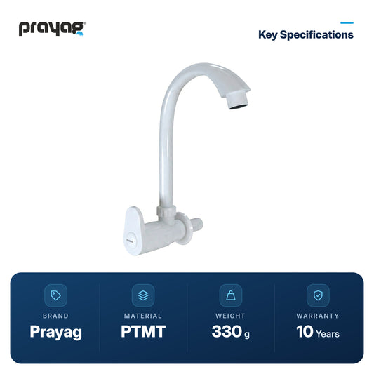 Sink Tap for Kitchen Wall Mount Foam Flow (Swing Tap) - Prayag key specifications: PTMT, 330 g, 10-year warranty
