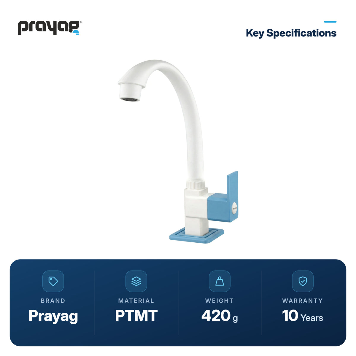 Sink Tap for Kitchen Table Mount Foam Flow (Swing Tap) Blue Colour - Prayag key specifications: PTMT, 420 g, 10-year warranty