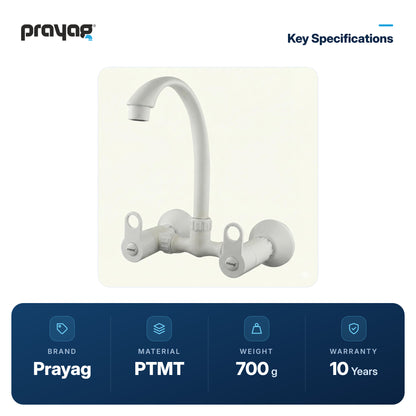 Sink Mixer Tap for Kitchen Wall Mount Foam Flow (Hot & Cold) - Prayag key specifications: PTMT, 700 g, 10-year warranty