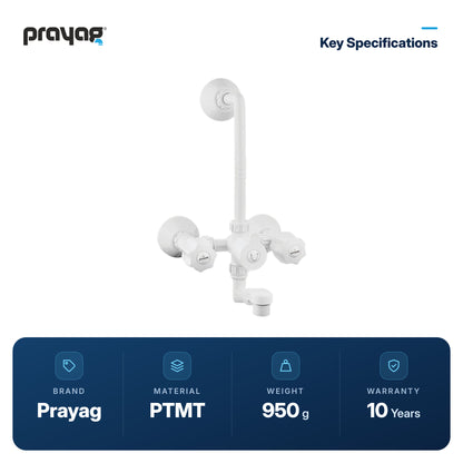 Wall Mixer with L Bend Pipe (Foam Flow) (Hot & Cold) - Prayag key specifications: PTMT, 950 g, 10-year warranty