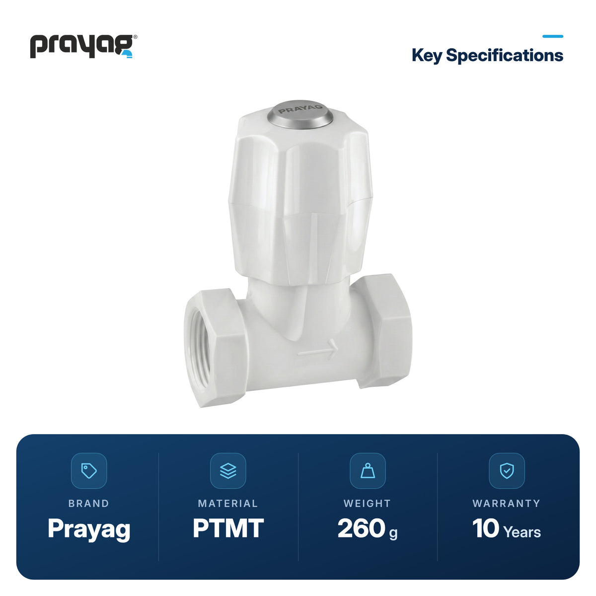 Stop Cock/Tap (Female Thread) 15mm - Prayag key specifications: PTMT, 260 g, 10-year warranty