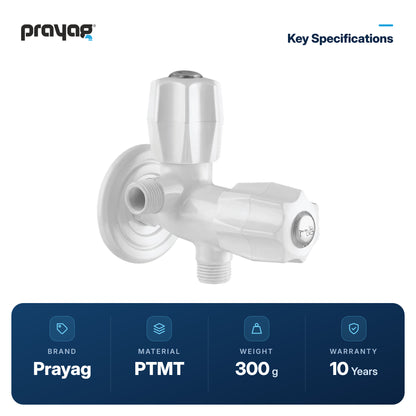 Two Way Angle Valve (Double Handle) - Prayag key specifications: PTMT, 300 g, 10-year warranty