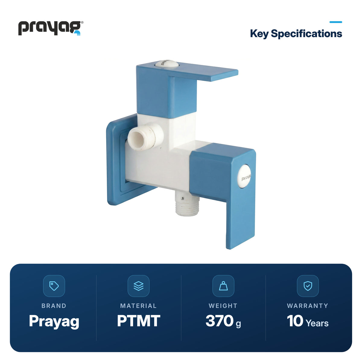 Two Way Angle Valve (Double Handle) Blue Colour - Prayag key specifications: PTMT, 370 g, 10-year warranty