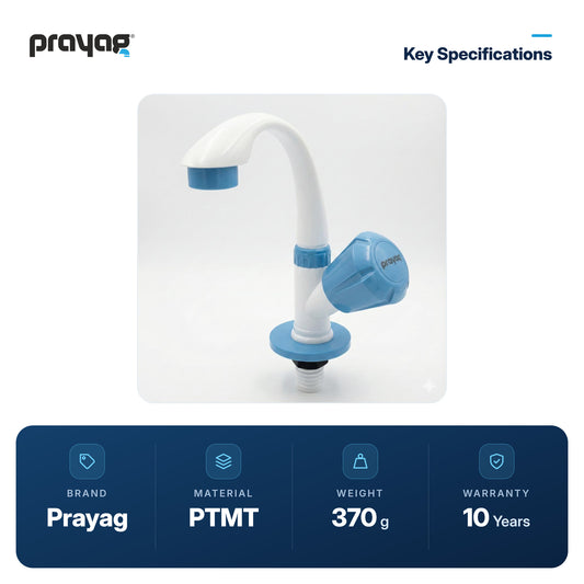 Pillar Tap Swan Neck Foam Flow (Swing Tap) Blue Colour - Prayag key specifications: PTMT, 370 g, 10-year warranty