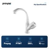Wash Basin Pillar Tap Swan Neck Foam Flow (Swing Tap) Basin Mount - Prayag key specifications: PTMT, 360 g, 10-year warranty