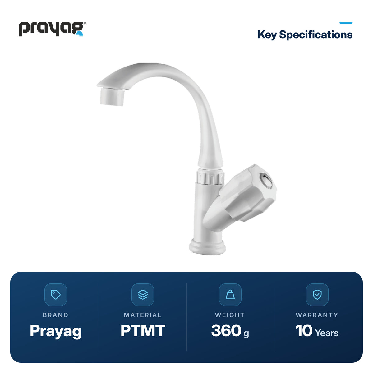 Wash Basin Pillar Tap Swan Neck Foam Flow (Swing Tap) Basin Mount - Prayag key specifications: PTMT, 360 g, 10-year warranty