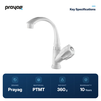 Wash Basin Pillar Tap Swan Neck Foam Flow (Swing Tap) Basin Mount - Prayag key specifications: PTMT, 360 g, 10-year warranty