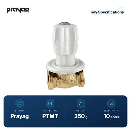 Concealed Stop Valve with Brass Body 20mm - Prayag key specifications: PTMT, 350 g, 10-year warranty