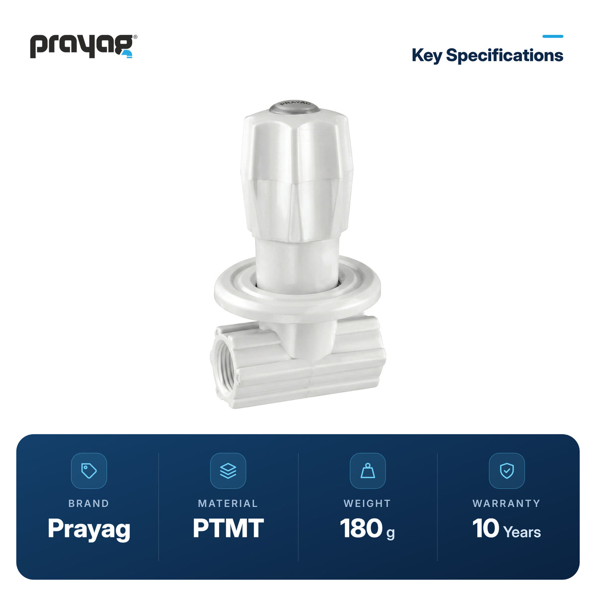 Concealed Stop Cock 20mm - Prayag key specifications: PTMT, 180 g, 10-year warranty