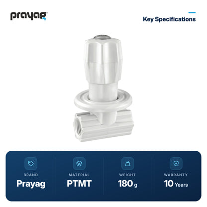 Concealed Stop Cock 20mm - Prayag key specifications: PTMT, 180 g, 10-year warranty