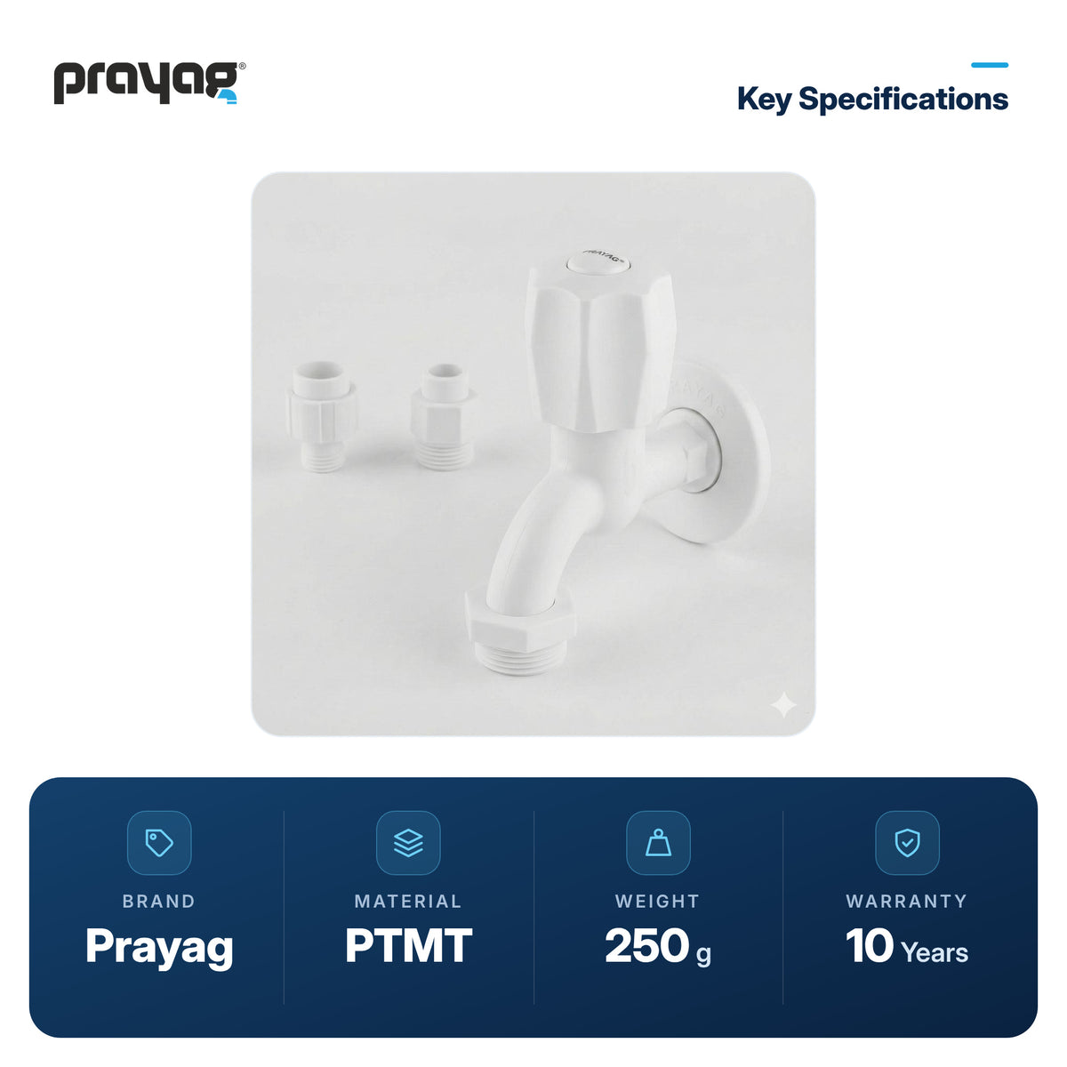 Washing Machine Tap - Prayag key specifications: PTMT, 250 g, 10-year warranty