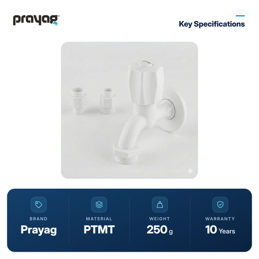 Washing Machine Tap - Prayag key specifications: PTMT, 250 g, 10-year warranty