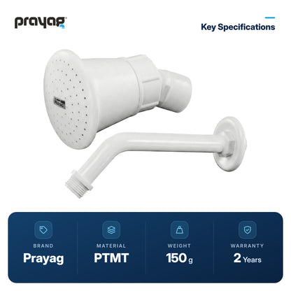 Overhead Shower 15mm + Shower Arm 225mm - Prayag key specifications: PTMT, 150 g, 2-year warranty