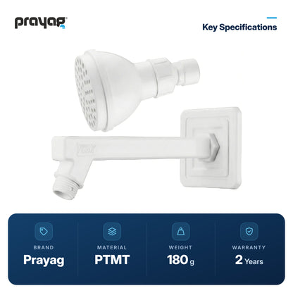Overhead Shower 75mm + Shower Arm 225mm - Prayag key specifications: PTMT, 180 g, 2-year warranty