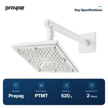 Overhead Shower 150mm x 150mm + Shower Arm 300mm - Prayag key specifications: PTMT, 520 g, 2-year warranty