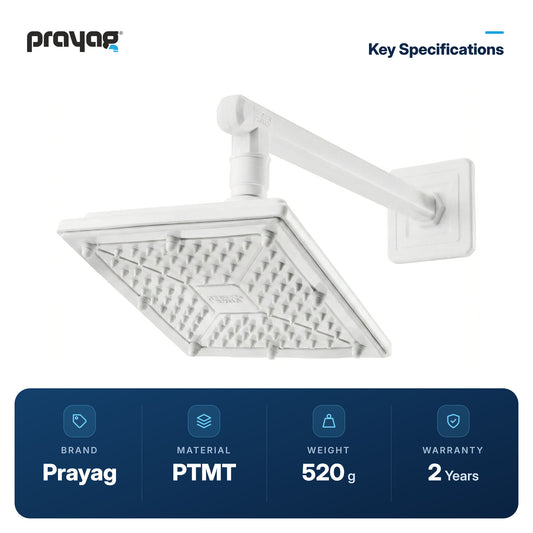 Overhead Shower 150mm x 150mm + Shower Arm 300mm - Prayag key specifications: PTMT, 520 g, 2-year warranty