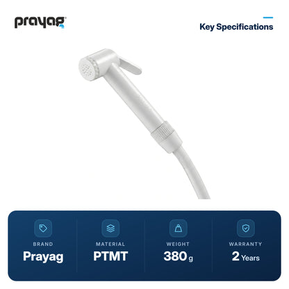 Health Faucet for Toilet with Tube (1mtr) + Hook - Prayag key specifications: PTMT, 380 g, 2-year warranty
