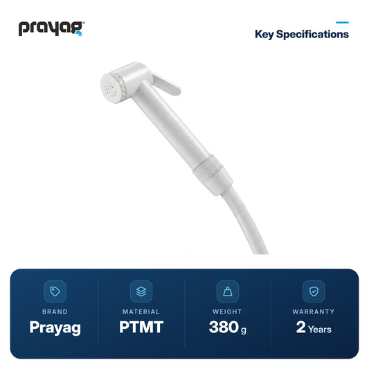 Health Faucet for Toilet with Tube (1mtr) + Hook - Prayag key specifications: PTMT, 380 g, 2-year warranty