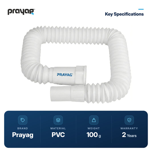 Collapsible Waste Pipe for Sink & Wash Basin 900mm - Prayag key specifications: PVC, 100 g, 2-year warranty
