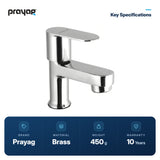 Wash Basin Pillar Tap (Short Height) Brass - Prayag key specifications: Brass, 450 g, 10-year warranty