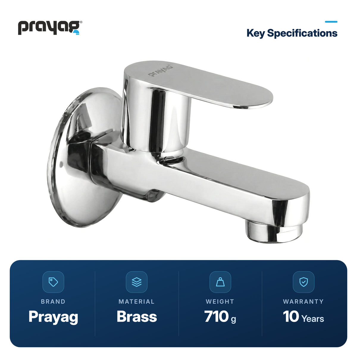 Bib Tap (Short Body) Brass - Prayag key specifications: Brass, 710 g, 10-year warranty