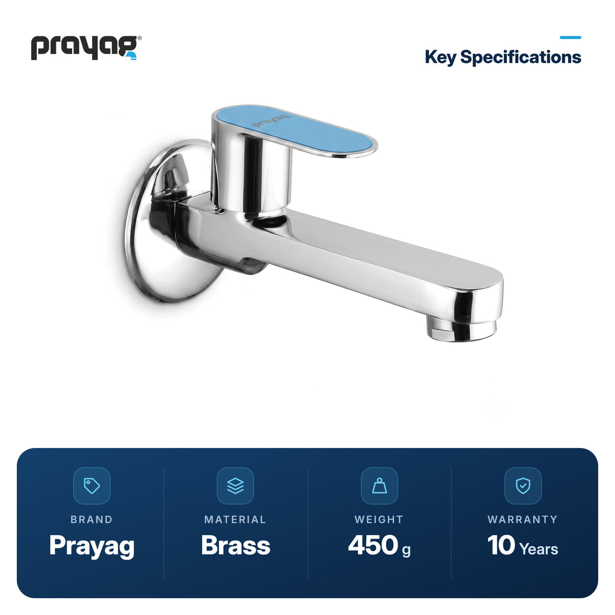 Long Body Bib Tap Brass - Prayag key specifications: Brass, 450 g, 10-year warranty