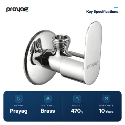 Angle Valve Brass - Prayag key specifications: Brass, 470 g, 10-year warranty